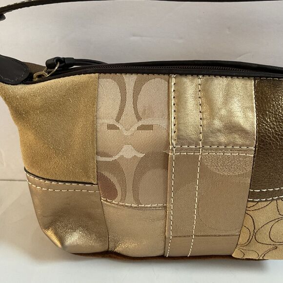 Coach Y2K Gold Patchwork Suede Canvas Metallic Leather Baguette Demi Mimi Bag - Picture 9 of 13